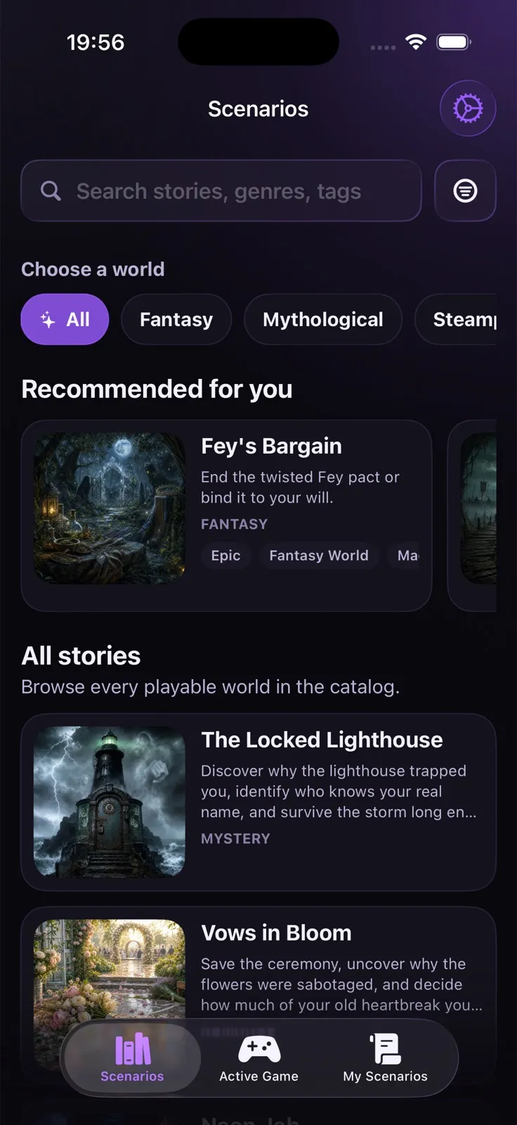 Maze AI scenario browser with genre filters and a search field over story world cards