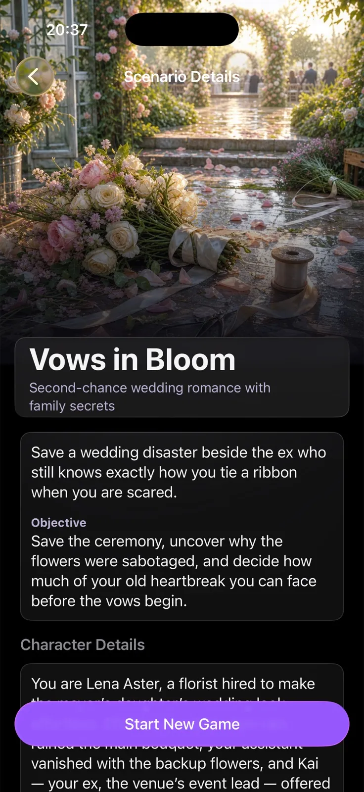 Maze AI scenario detail screen for Vows in Bloom showing premise, objective, and a Start New Game button