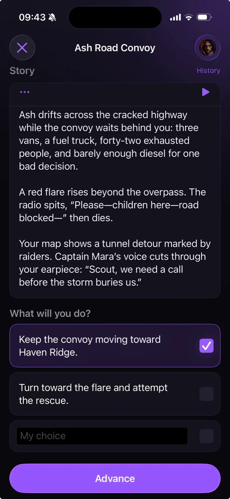Maze AI gameplay: the Ash Road Convoy scenario with story text, two choices, and a custom action input